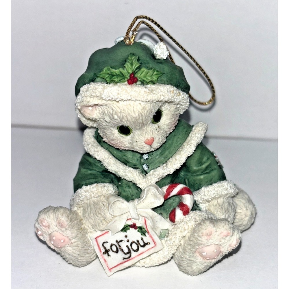 Vintage Christmas Cat Ornament Kitty Green Coat Candy Cane For You Figurine 3"